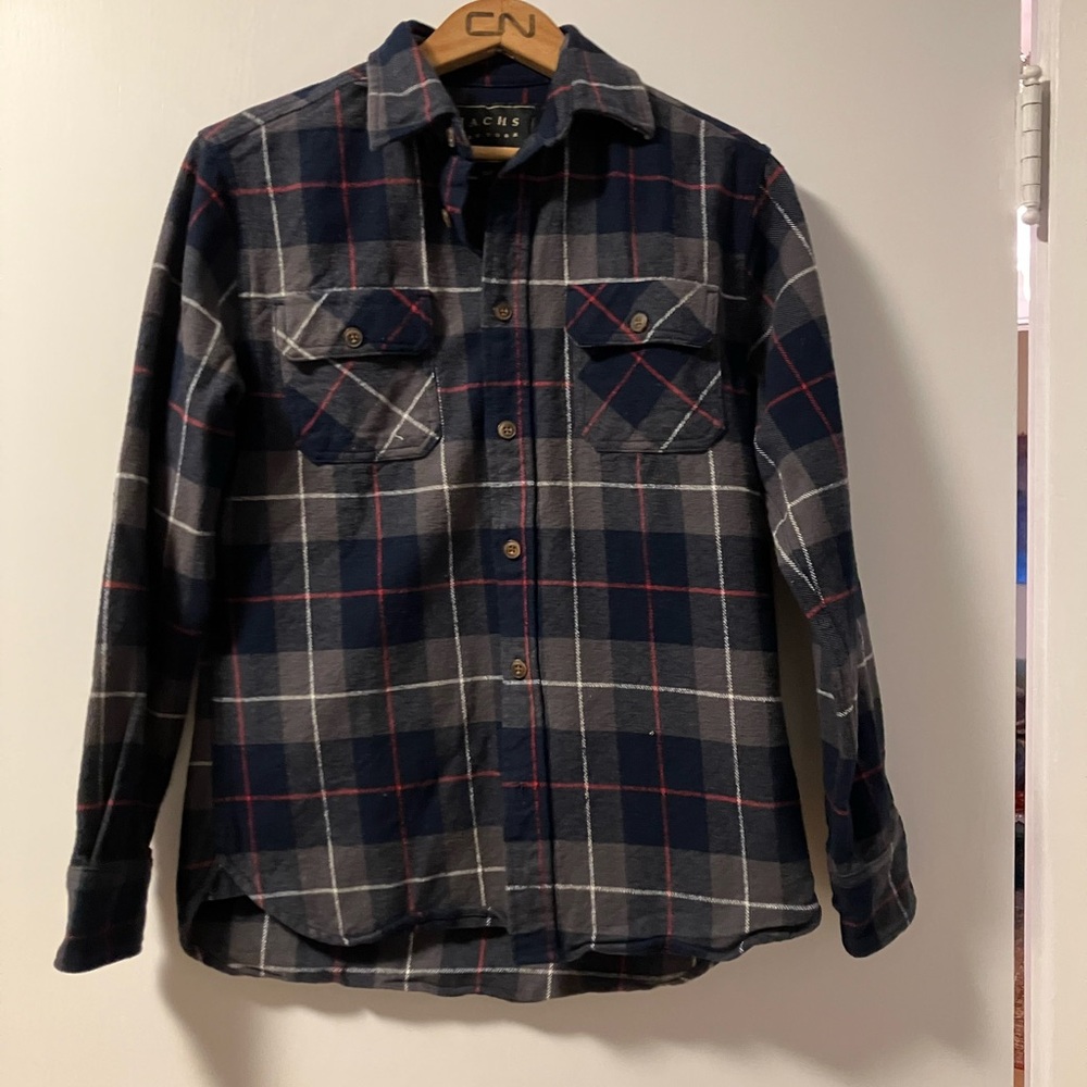 Jachs Women's Navy and Gray Plaid Button Down Shirt- 100% Cotton